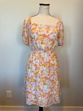 Gilli Ladies Square Neck Puff Sleeve Dress Open Back Floral, Lined, Size Medium